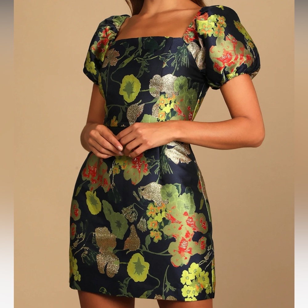 So Stunning Navy Blue Floral Jacquard Puff Sleeve Mini Dress